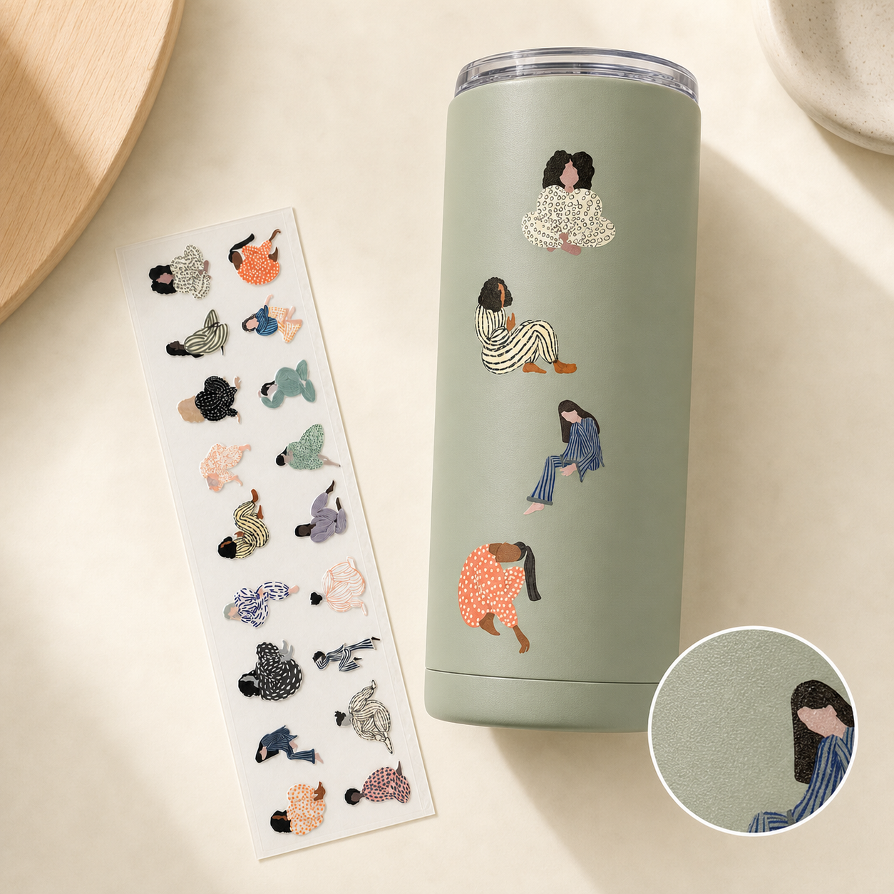Cozy Pajama Girls UV DTF decals on a sage insulated tumbler