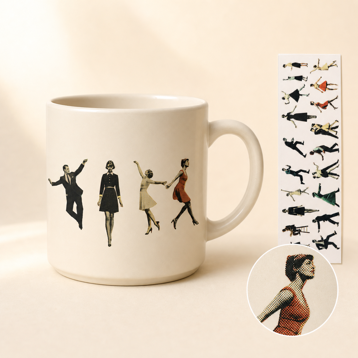 Mid-Century Dance Floor UV DTF decals on a cream ceramic mug