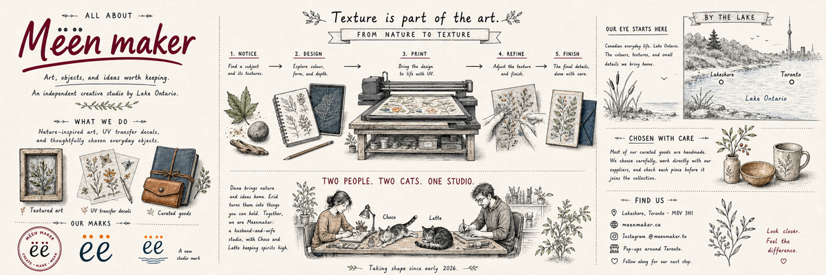 All about Meen maker: an illustrated studio poster showing the nature-to-texture process, the Lake Ontario setting, and the two-person Toronto studio
