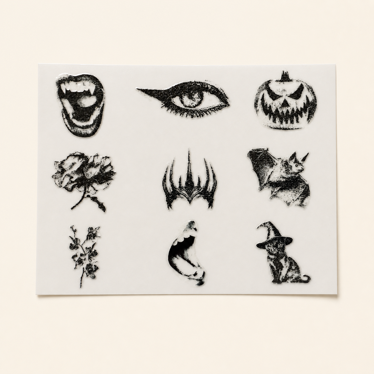 The Cabinet of Curiosities — Sheet 1: vampire mouth, eye, jack-o-lantern, rose, claws, bat, botanicals, mermaid, witch cat