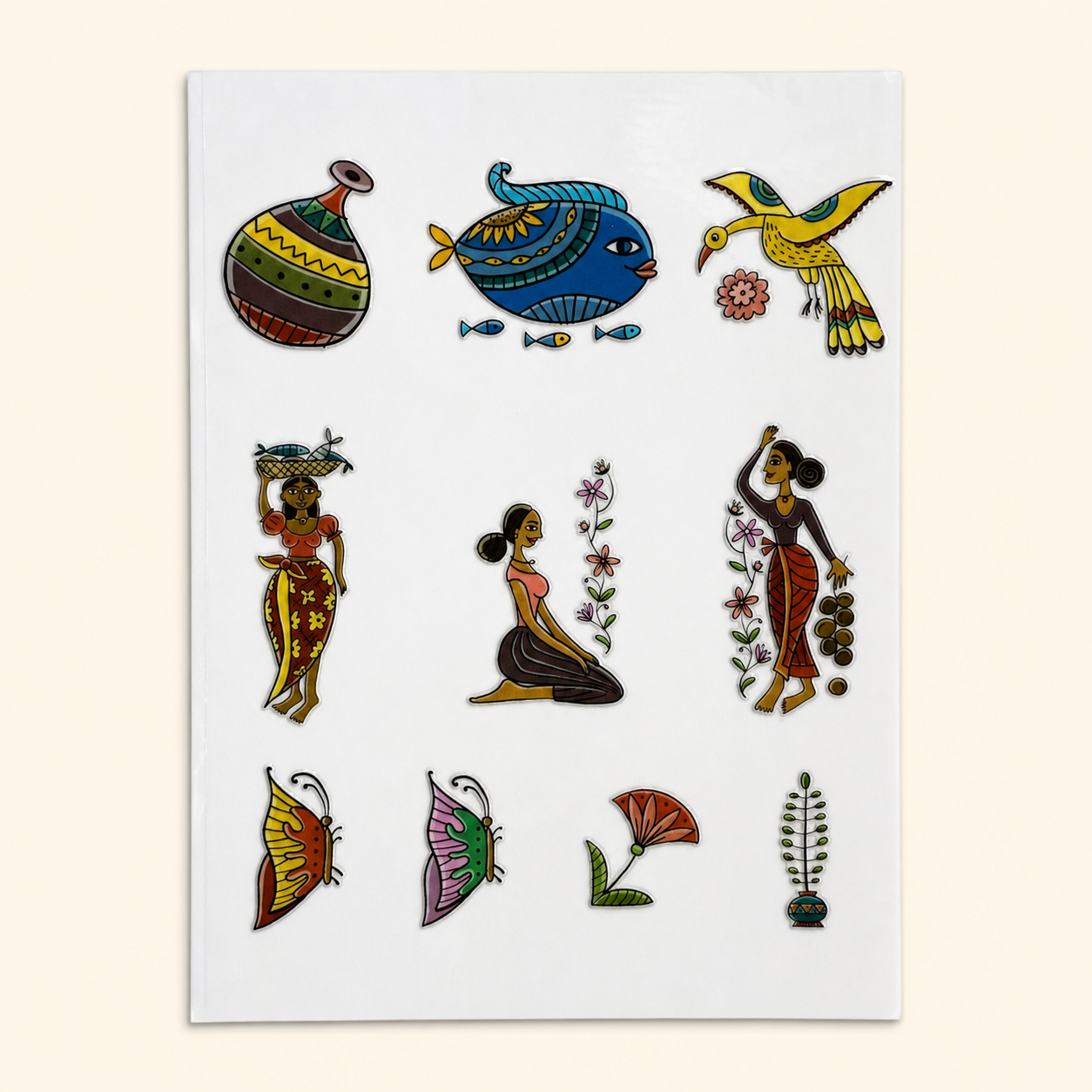 Folk Tales Under the Sun — Sheet 1: folk figures, fish, birds, butterflies