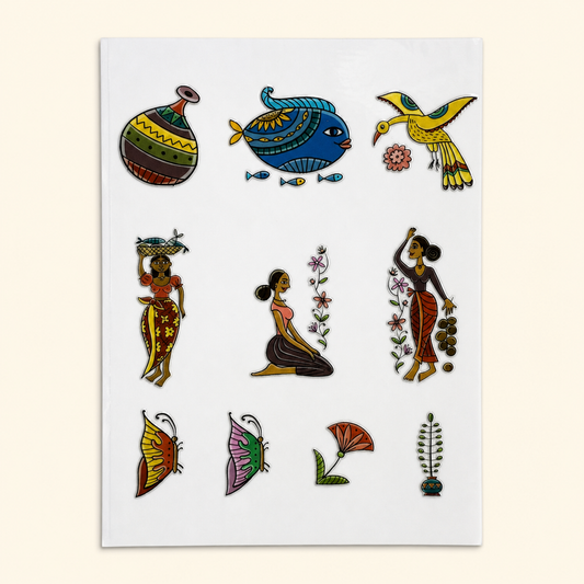 Folk Tales Under the Sun — Sheet 1: folk figures, fish, birds, butterflies