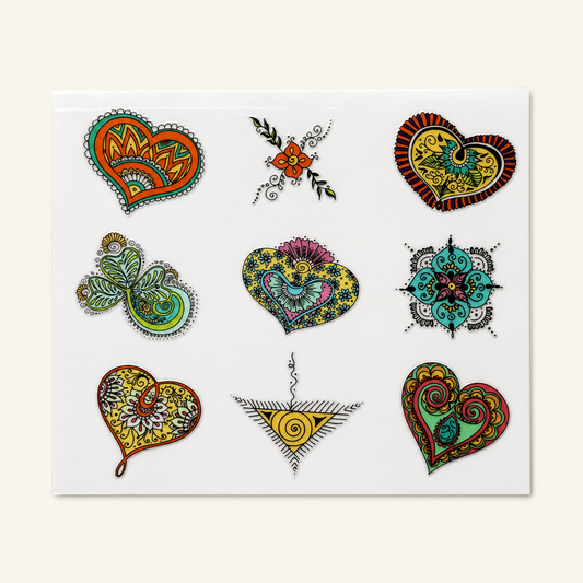 Whimsical Folk Charms UV DTF Transfer Sheet — 9 colorful boho paisley designs