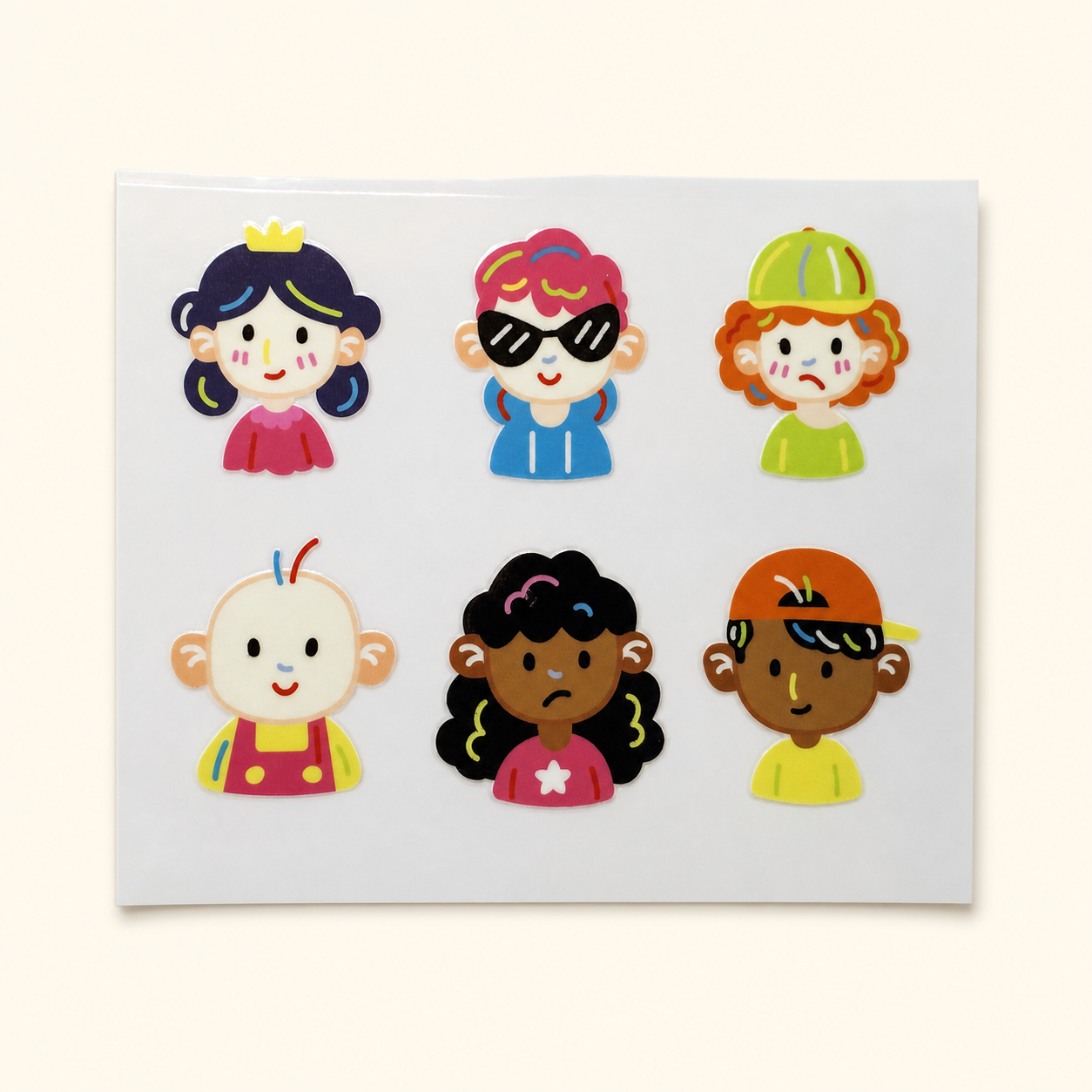 Six of Us UV DTF Transfer Sheet — 6 diverse kid character faces in bright colours