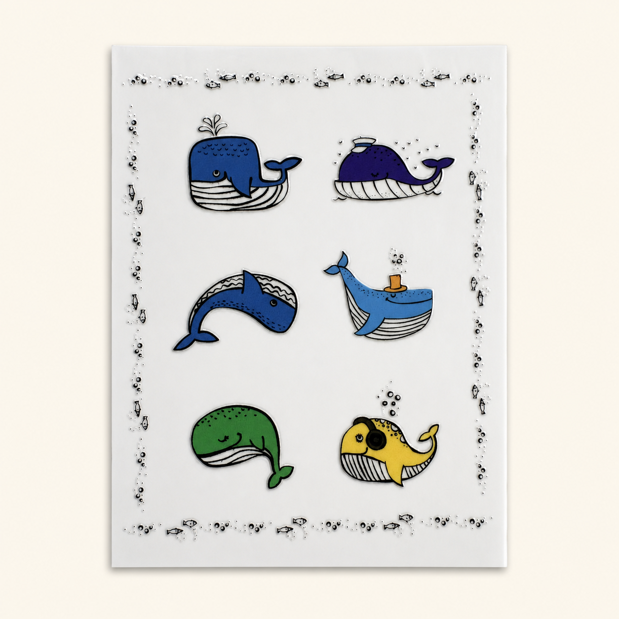 The Whale Society — Sheet 1: orange, pink, black, teal, navy and yellow whales