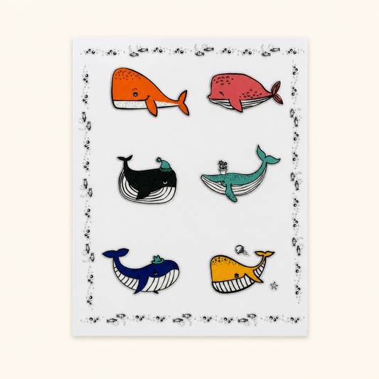 The Whale Society — Sheet 2: blue, navy, leaping, top-hat, green and yellow whales